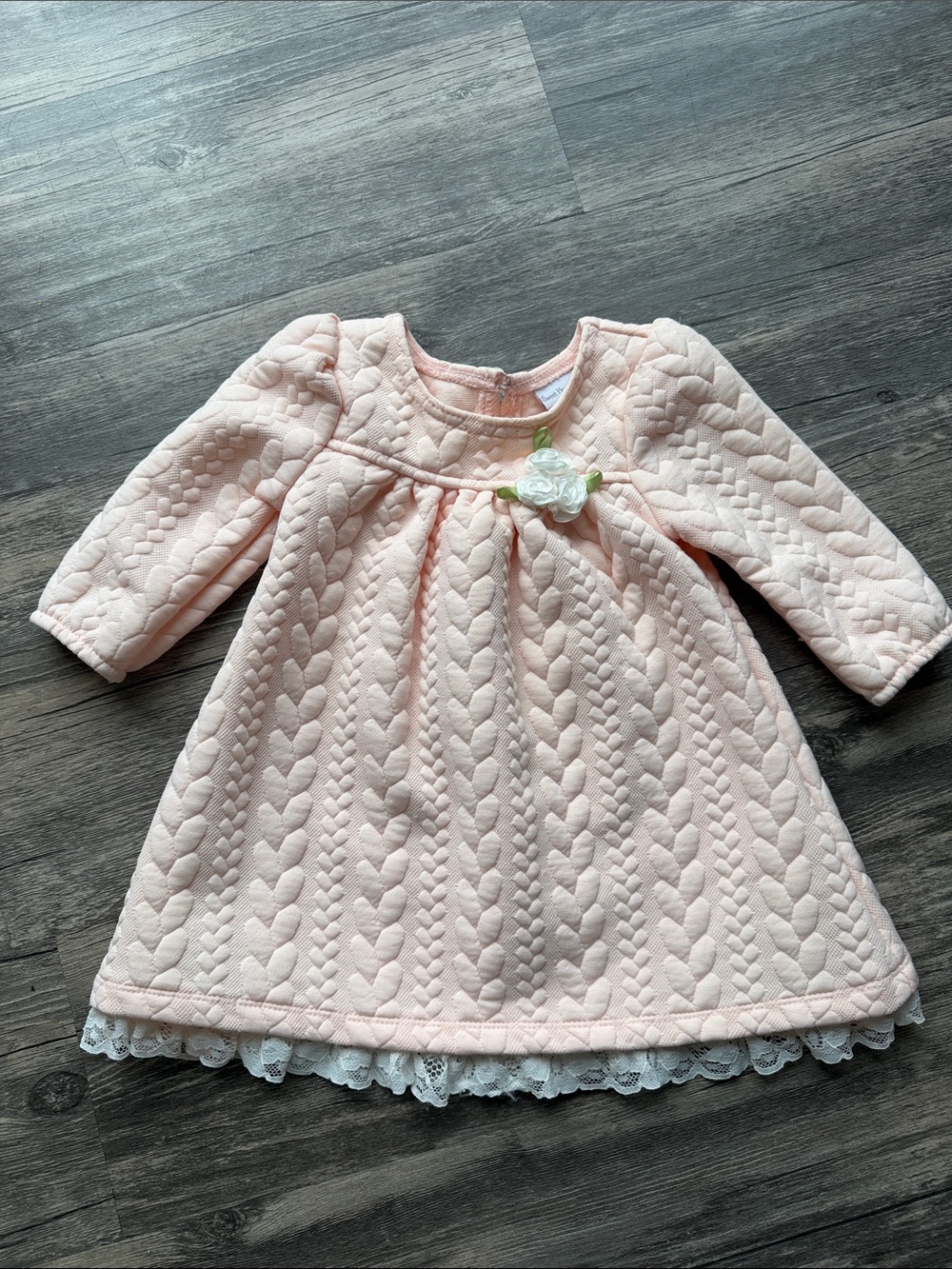 Sweet Heart Rose Light Pink Quilted Heart-Pattern Dress with Flower Accent 6-9M